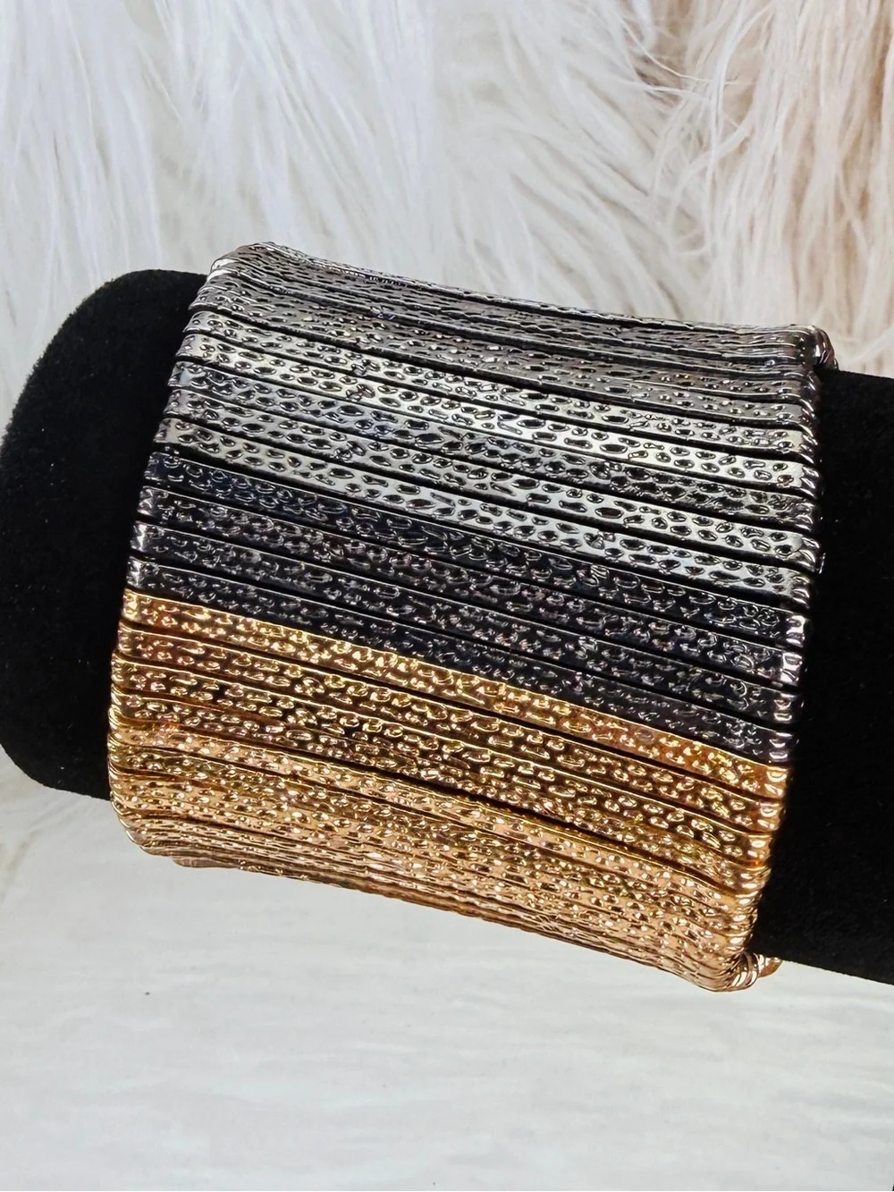 Silvertone aged Goldtone, black gunmetal wide band stretch bracelet